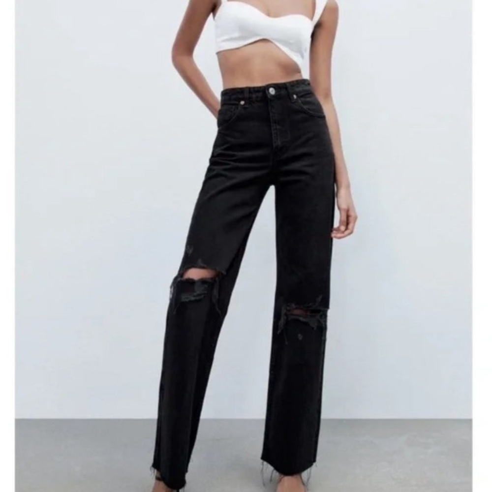 ZARA High Rise Distressed Wide Leg Jeans Black Size 6
